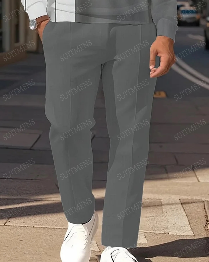 Men's Simple Gray Color Block Geometric Print POLO Long Sleeve Trousers Two-piece Set