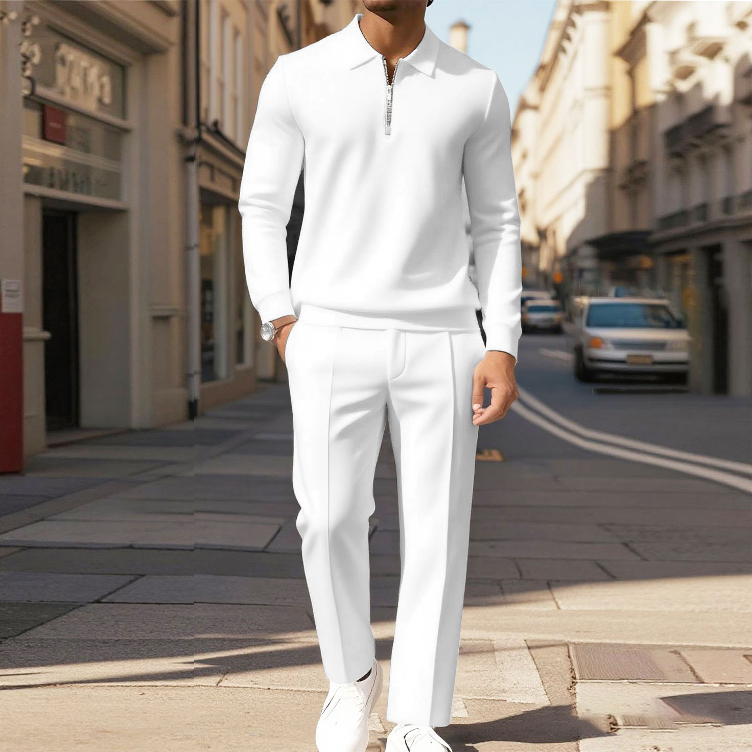 Men's Casual Color Matching Printed Polo-Collar Zipper Long Sleeved Trousers Two-Piece Set 9292