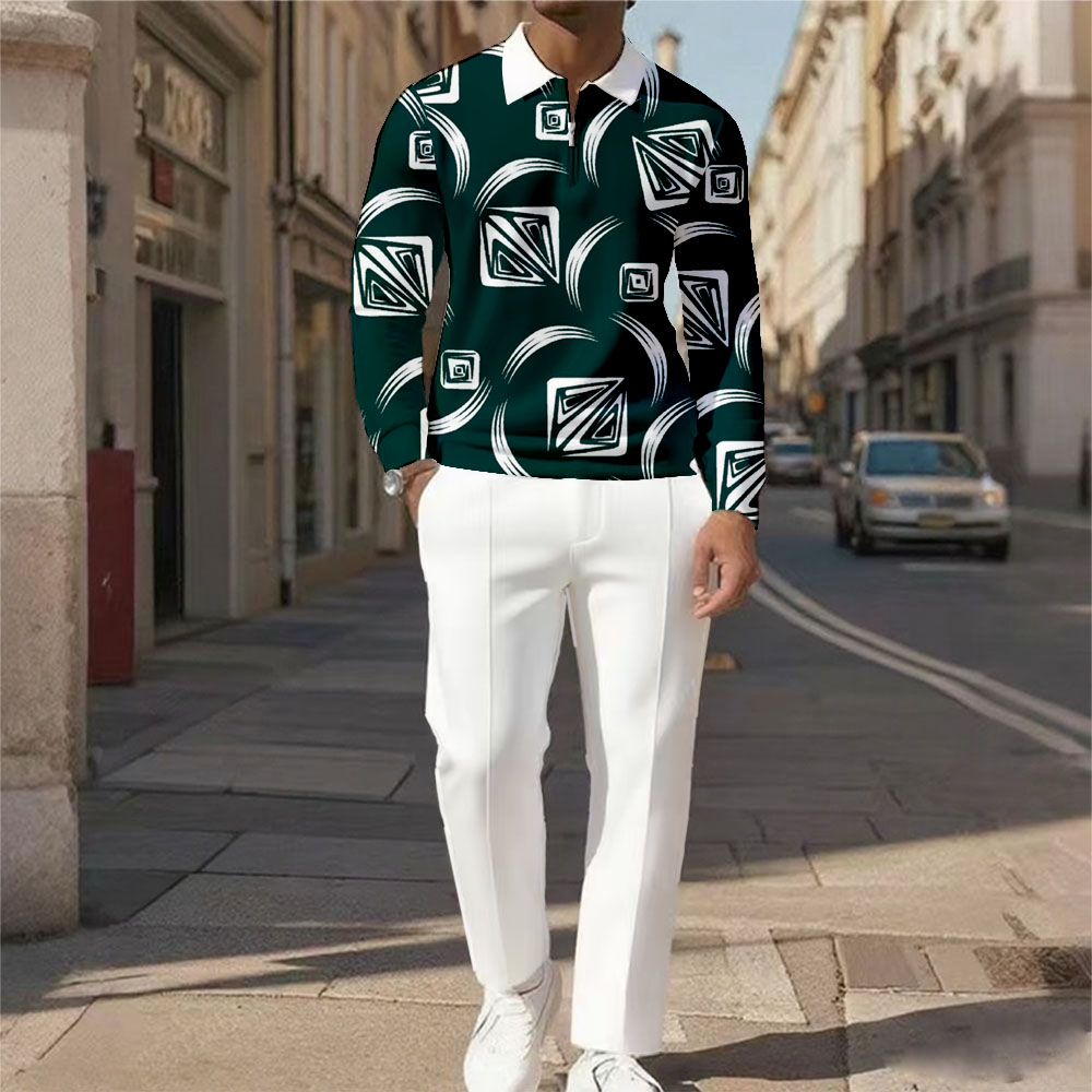 Men's Casual Color Matching Printed Polo-Collar Zipper Long Sleeved Trousers Two-Piece Set 1028