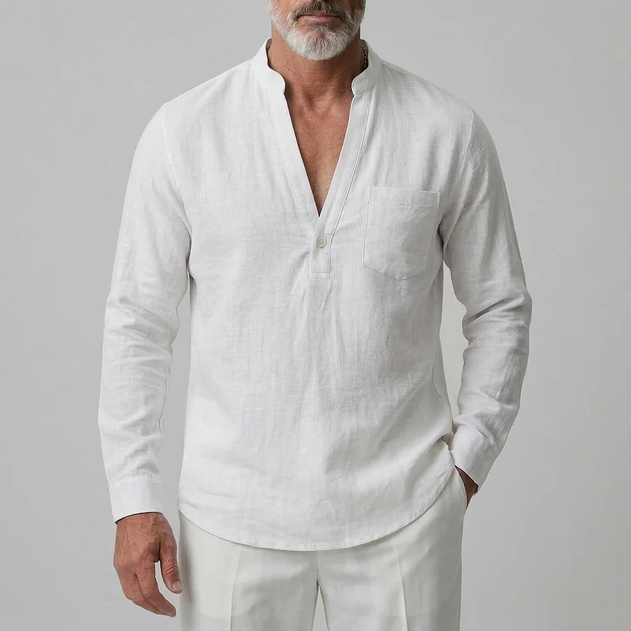 Men's Casual Solid V Neck Button Chest Pocket White Long Sleeve Shirt
