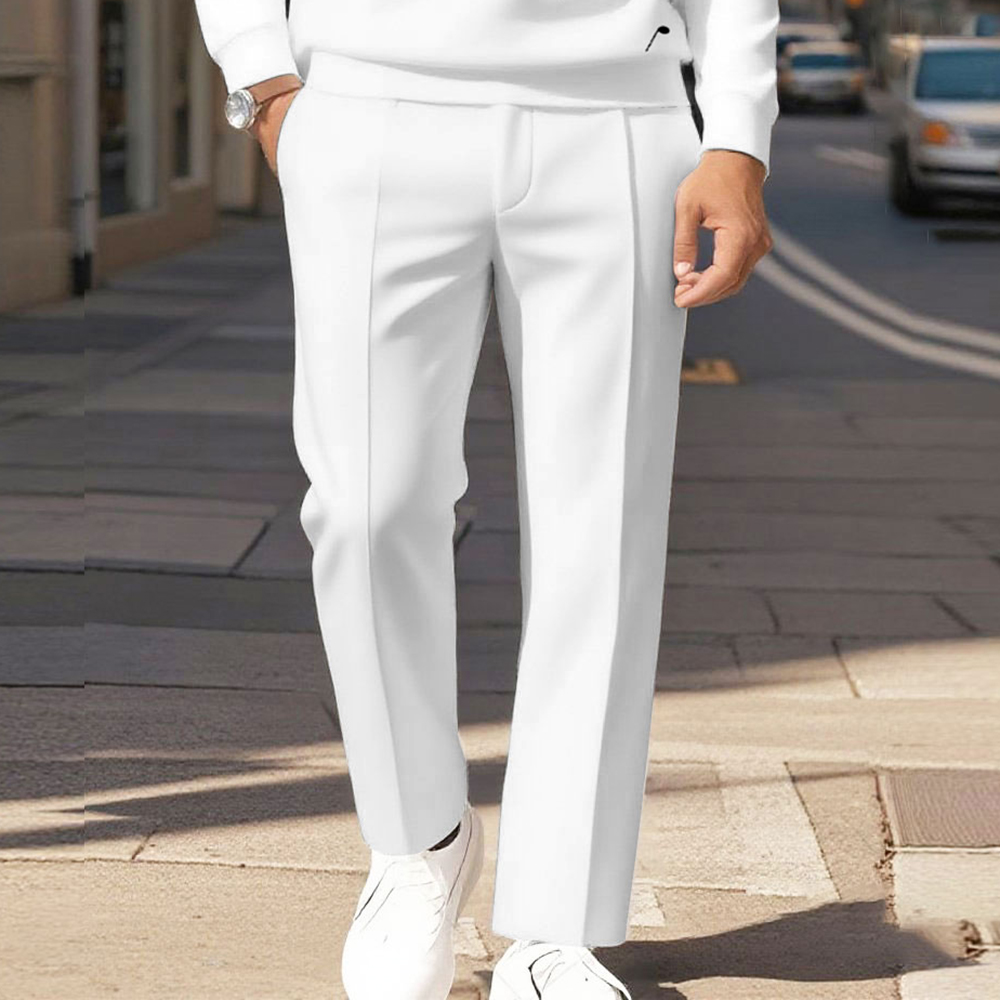 Men's Casual Cats And Sheet Music Printed Polo-Collar Zipper Long Sleeved Trousers White Two-Piece Set