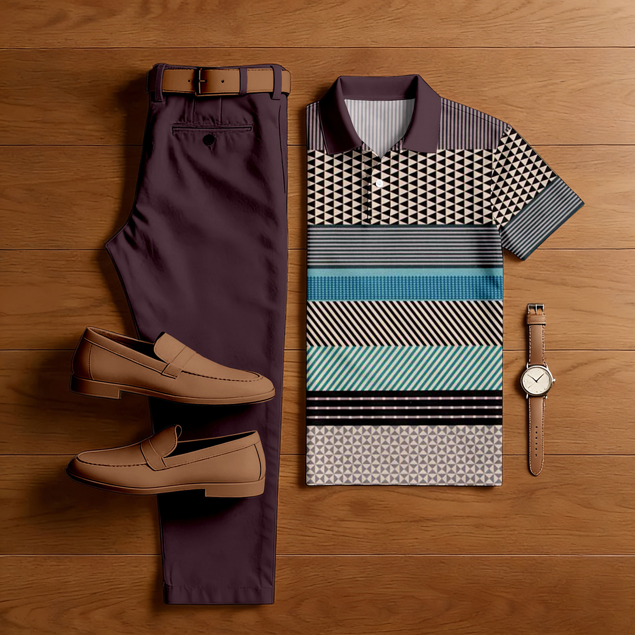 Men's Casual Red Purple & Multi Color Matching Striped Printed Short Sleeved Polo Shirt & Trousers Two-Piece Set