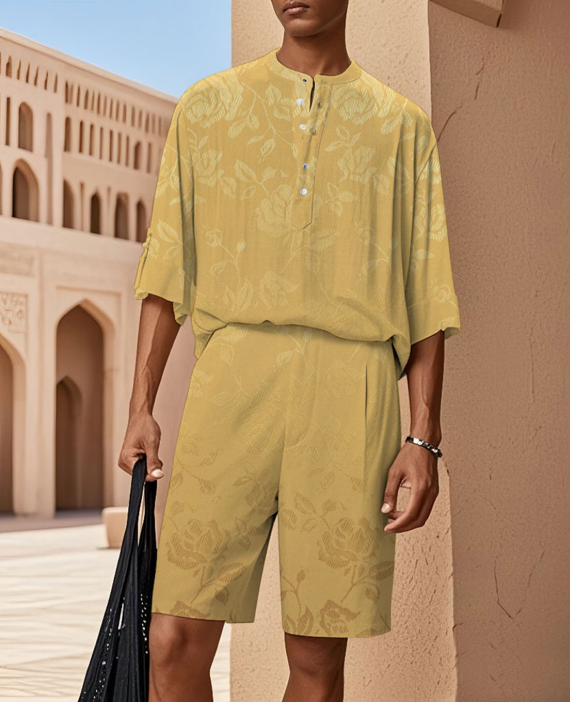 Business Casual Loose Short Sleeve Henley Collar Shirt And Elastic Waist Straight Leg Shorts Set