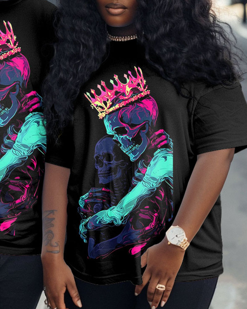 Couple's Plus Size Embrace Skull Print Round Neck Short Sleeve T-Shirt