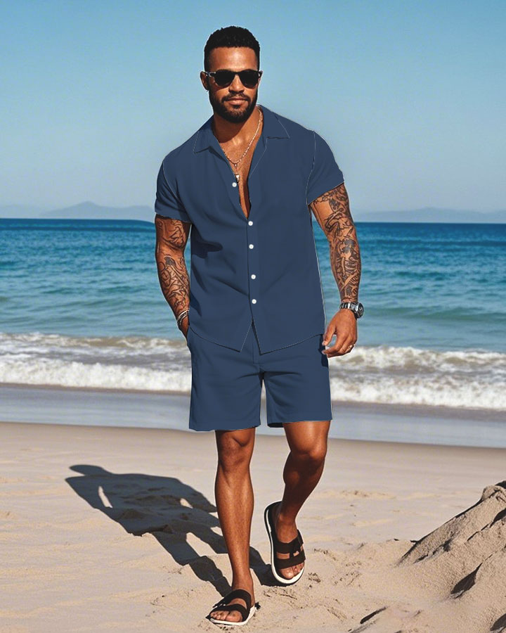 Men's Fashion Casual Lapel Collar Solid Color Short-Sleeved Two-Piece Set