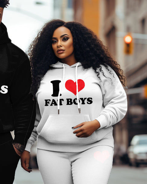 Couple Plus Size Casual I Love Fat Guy/Girl Hoodie Set