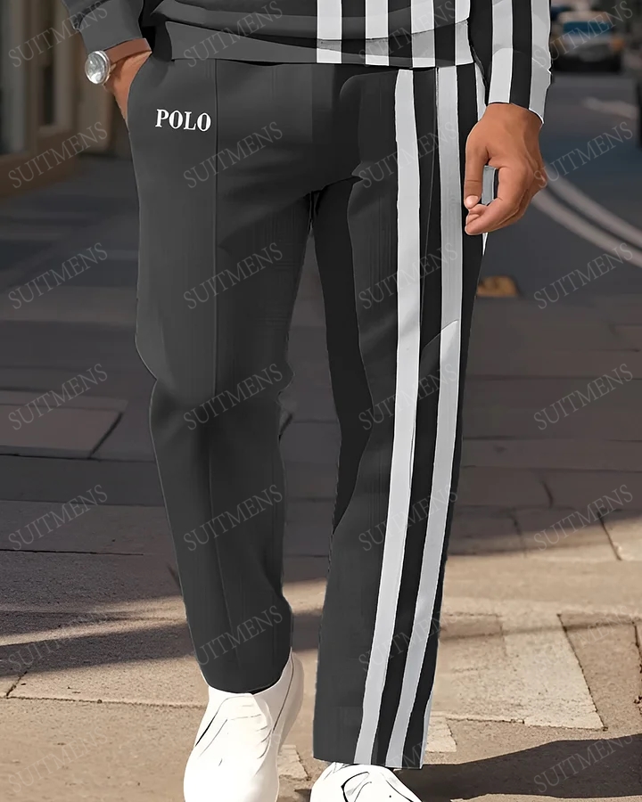 Men's Simple Stripes Black White Printed POLO Long-sleeved Trousers Two-piece Set