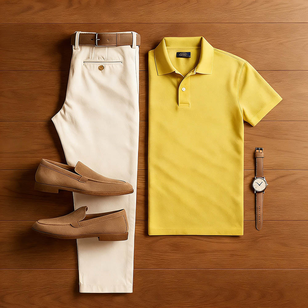 Men's Casual Yellow & Khaki Color Matching Short Sleeved Polo Shirt & Trousers Two-Piece Set