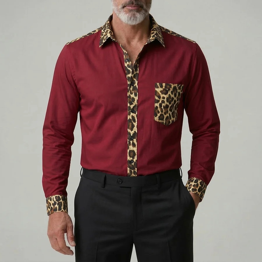 Men's Casual Leopard Print Contrast Trim Chest Pocket Long Sleeve Burgundy Shirt