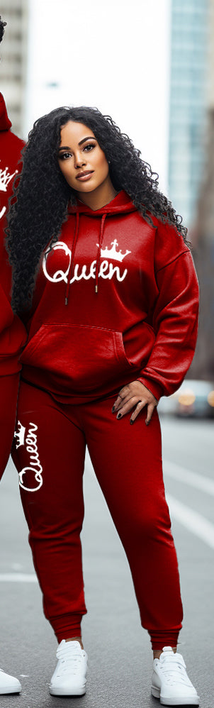 Couple Big Casual Outfit Red King and Queen Hoodie Set