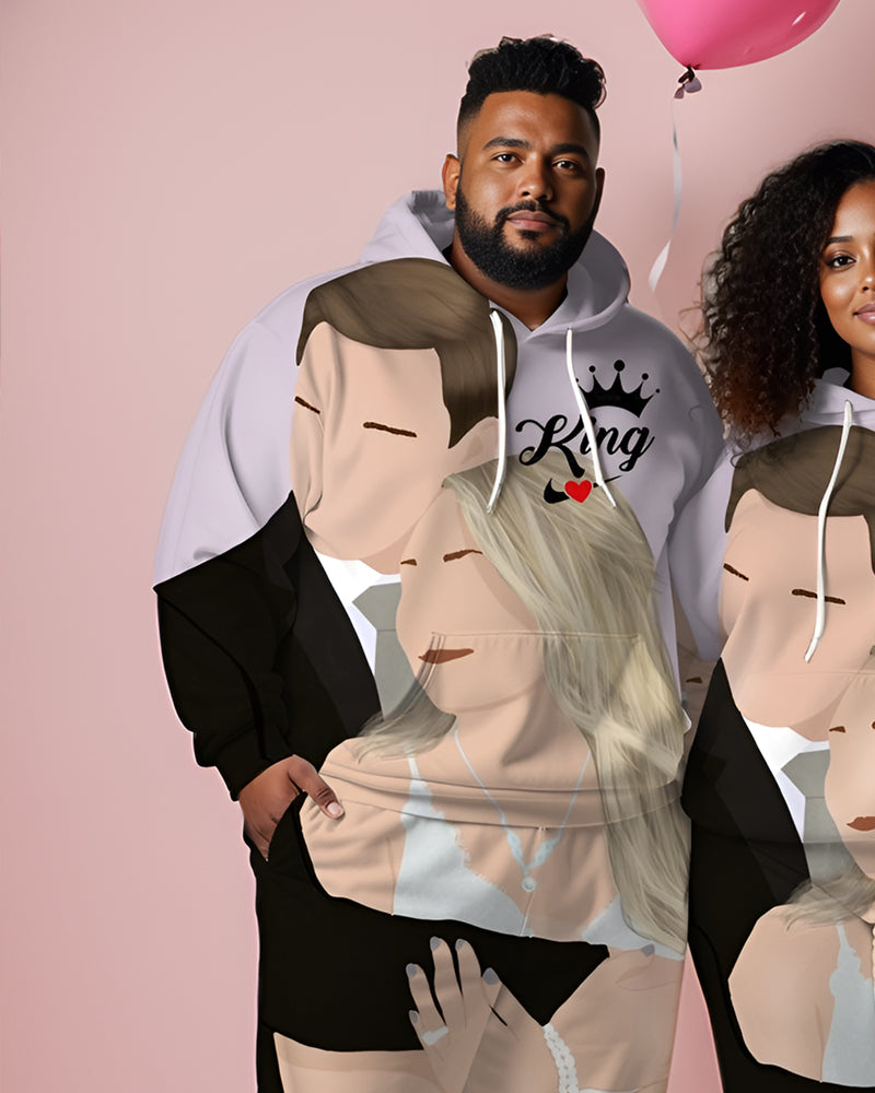 Couple Plus Size Couple Wedding Cartoon Pattern Crown Print Hoodie Set