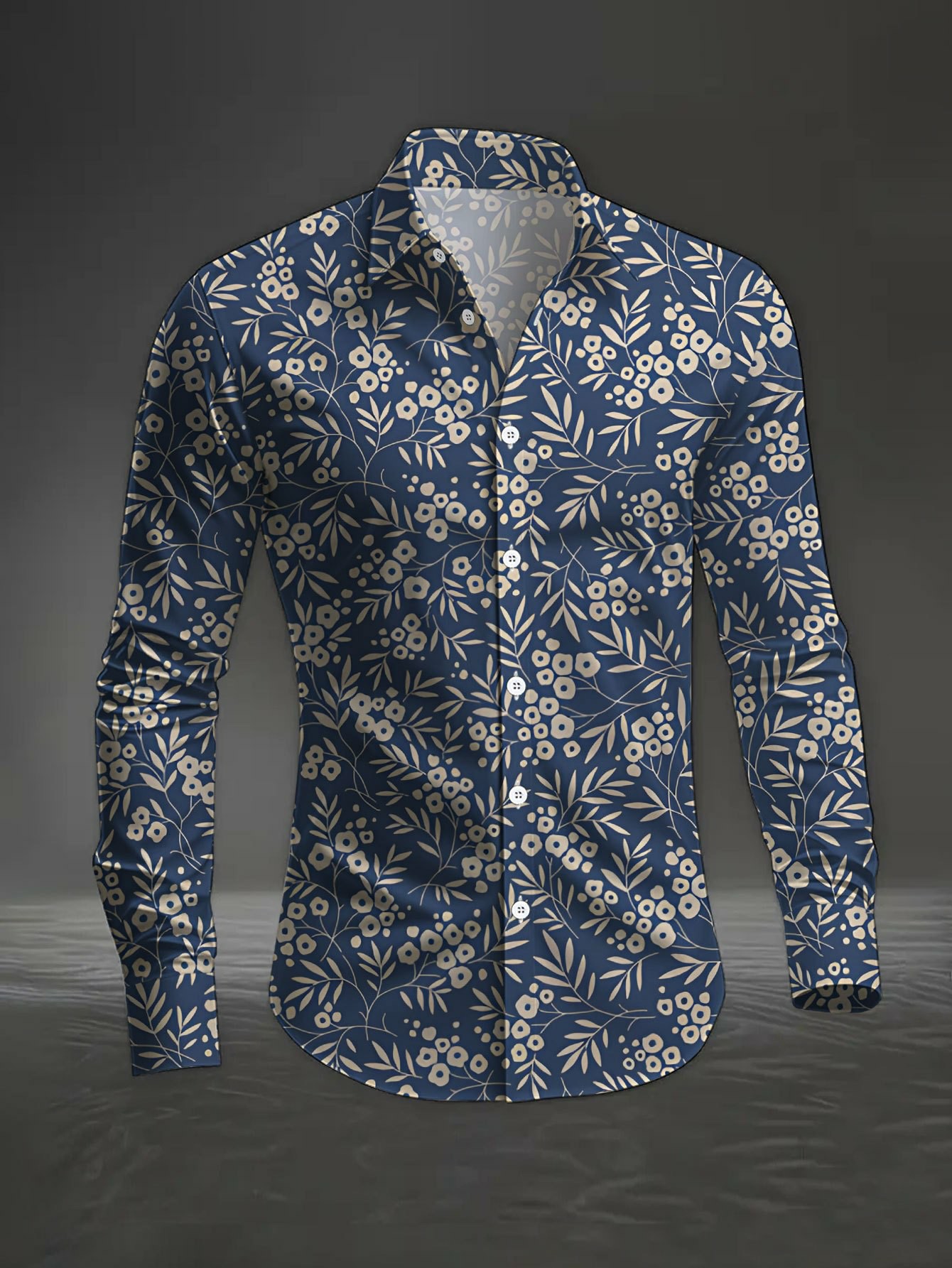 Men's Casual Navy Blue & Beige Floral Print Long-Sleeve Shirt
