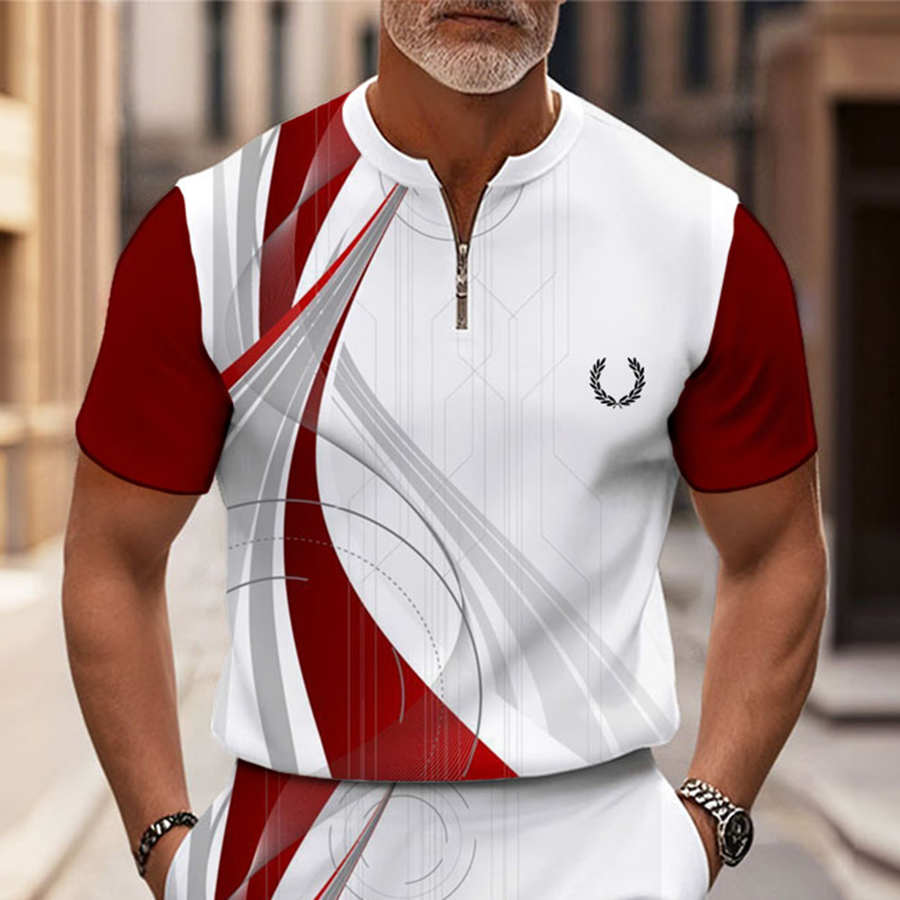 Men's Fashion Casual Round-Neck Geometric Printed Short-Sleeved Two-Piece Set
