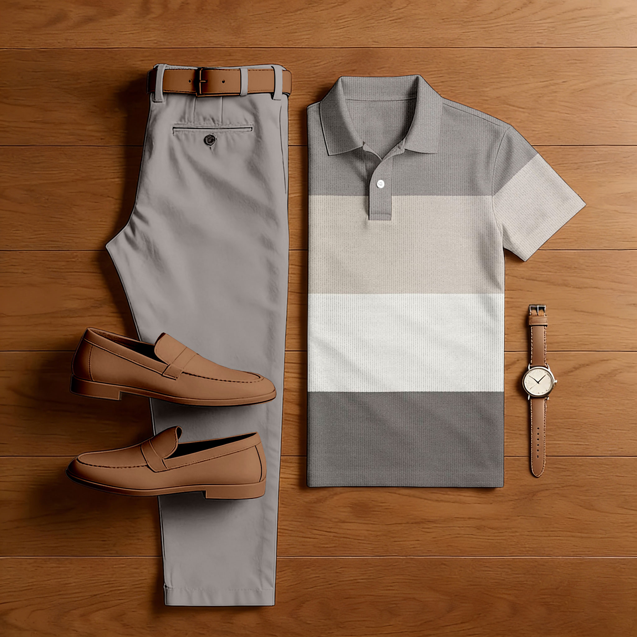 Men's Casual Gray Khaki Color Matching Printed Short Sleeved Polo Shirt & Trousers Two-Piece Set