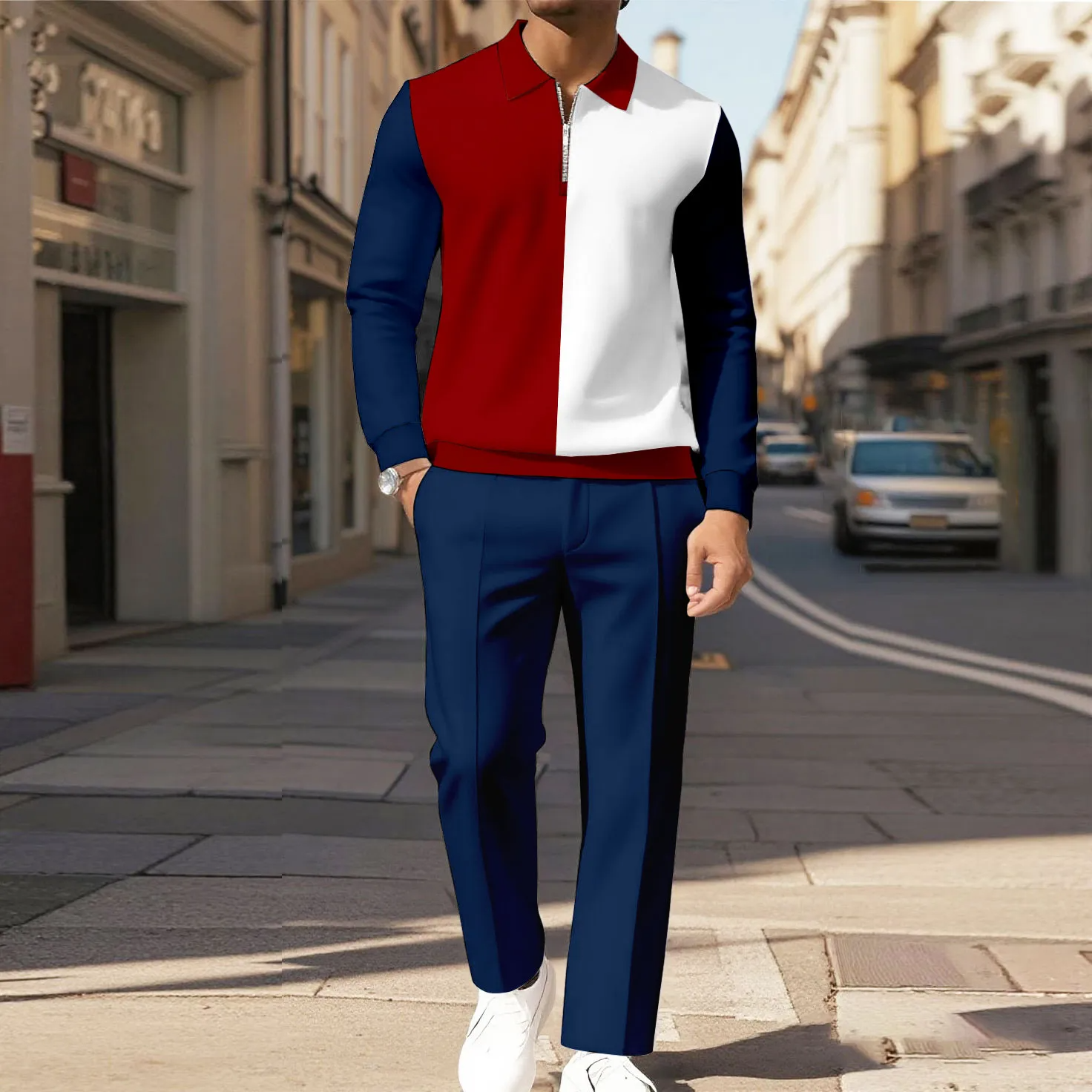 Men's Casual Color Matching Printed Polo-Collar Zipper Long Sleeved Trousers Two-Piece Set