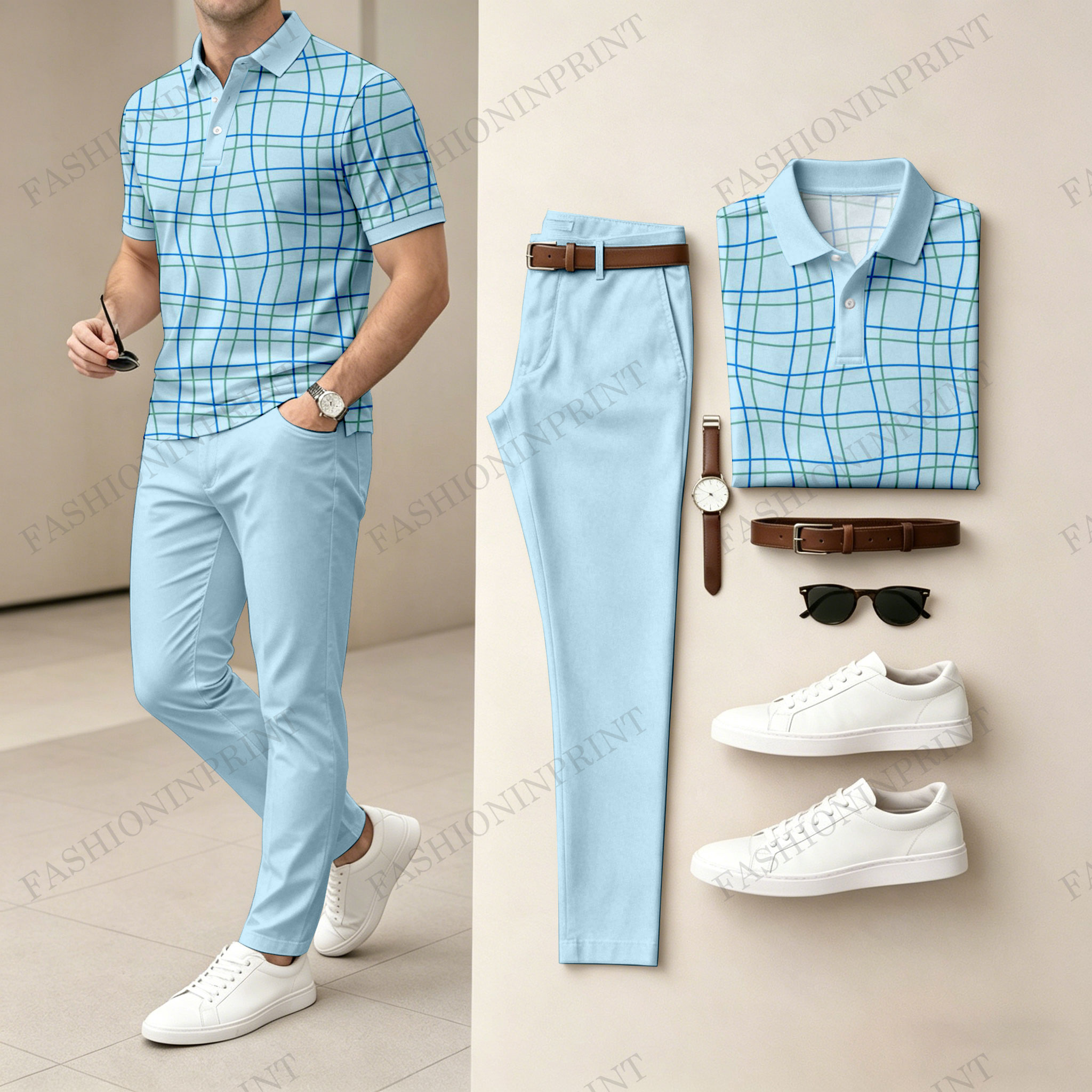 Men's Casual Checkered Print Short-Sleeve Polo Shirt And Pants Two-Piece Set (Does Not Include Accessories Such As Watches Or Glasses) 208328