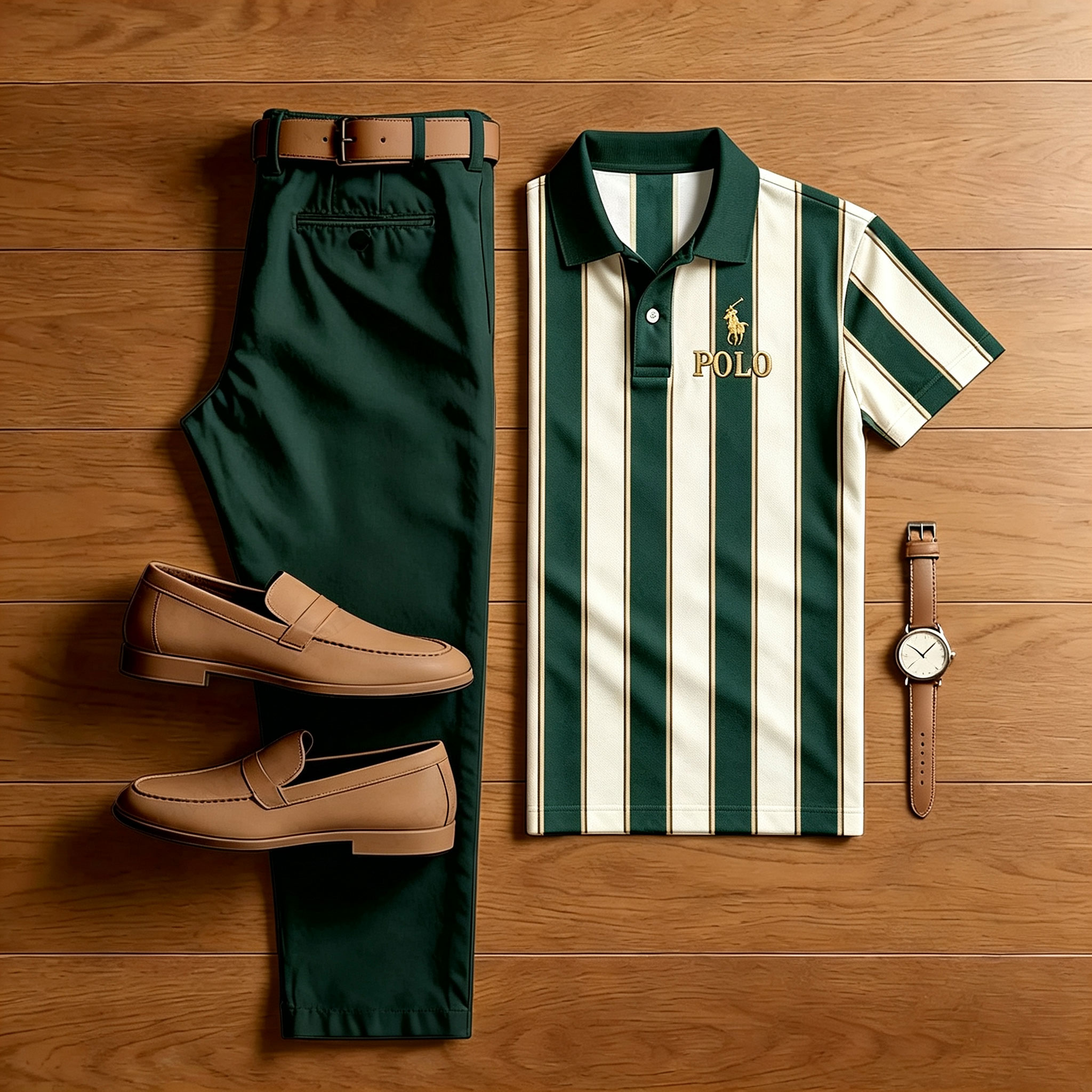 Men's Striped Printed Short-Sleeve Polo Shirt and Pants Set 210639