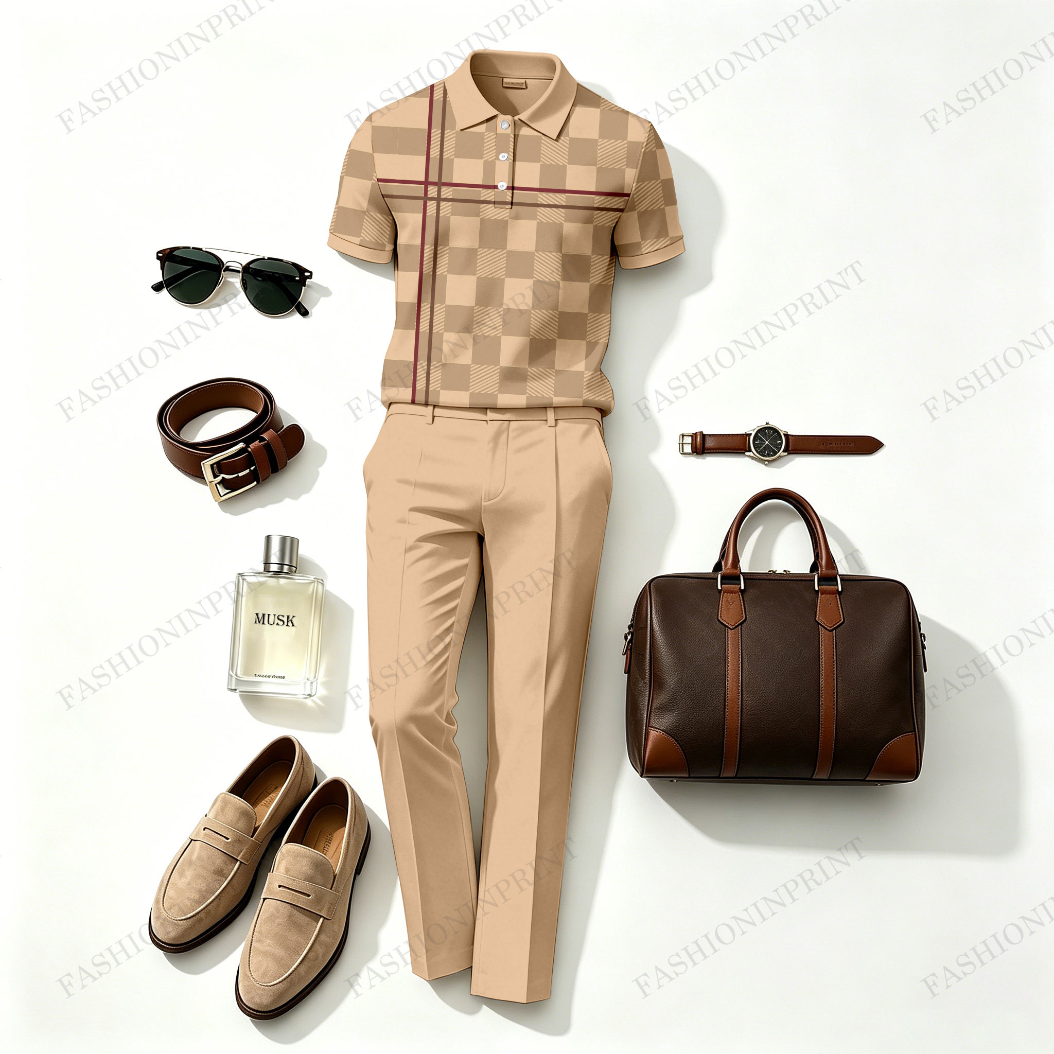 Men's Khaki Plaid Casual Printed Polo Shirt And Pants Two-Piece Set206057