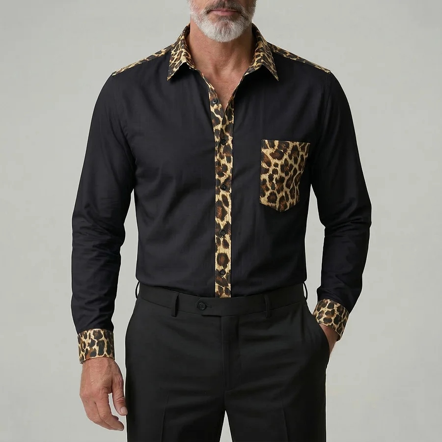 Men's Casual Leopard Print Contrast Trim Chest Pocket Long Sleeve Black Shirt