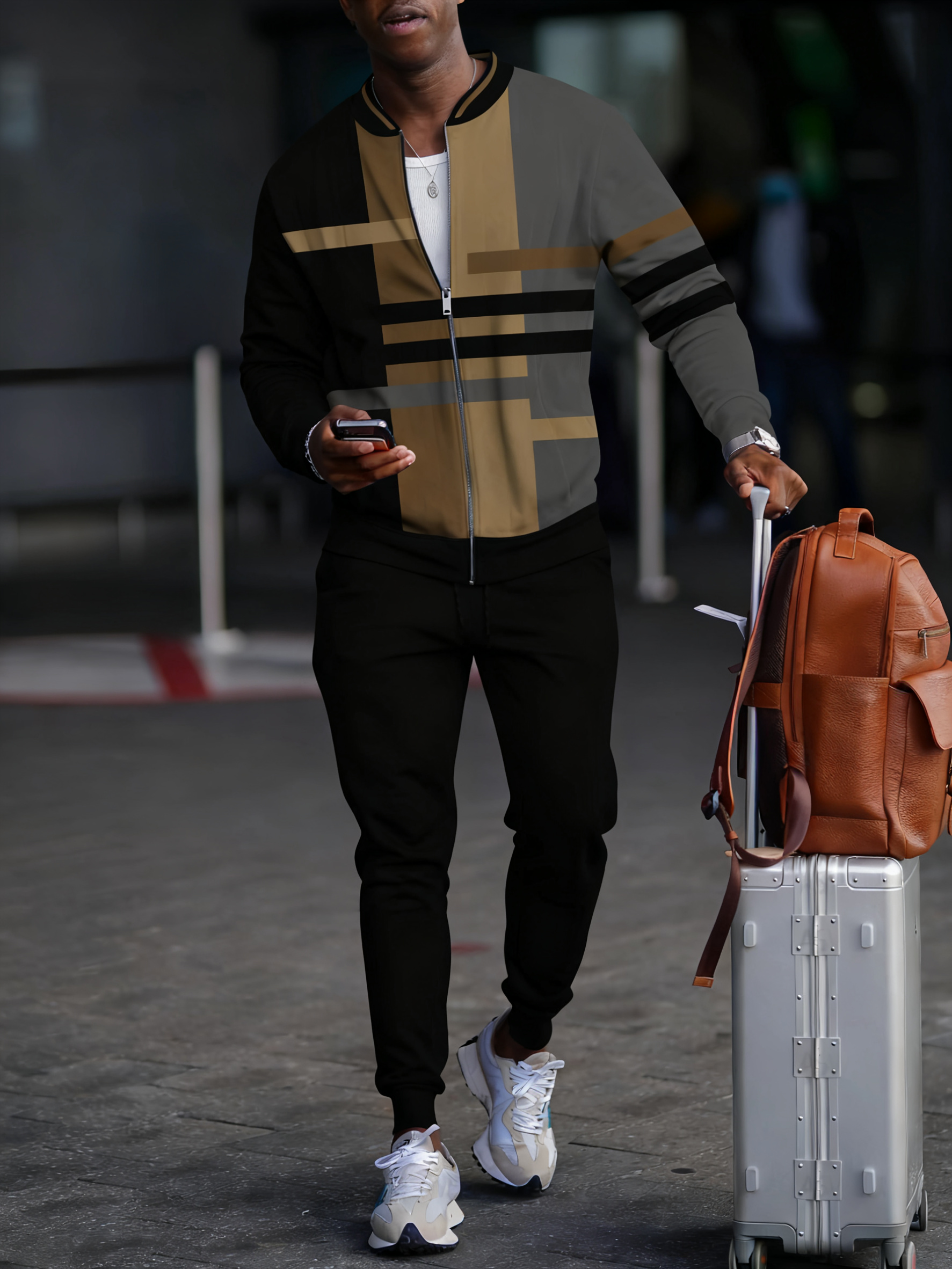 Men's fashion casual geometric print zipper jacket set