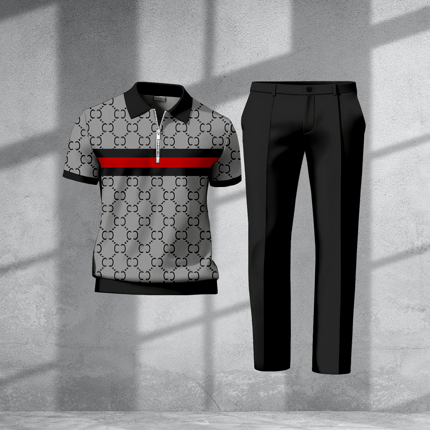 Men's Casual Gray & Black Color Matching Vintage Pattenr Zipper Short Sleeved Polo Shirt & Trousers Two-Piece Set