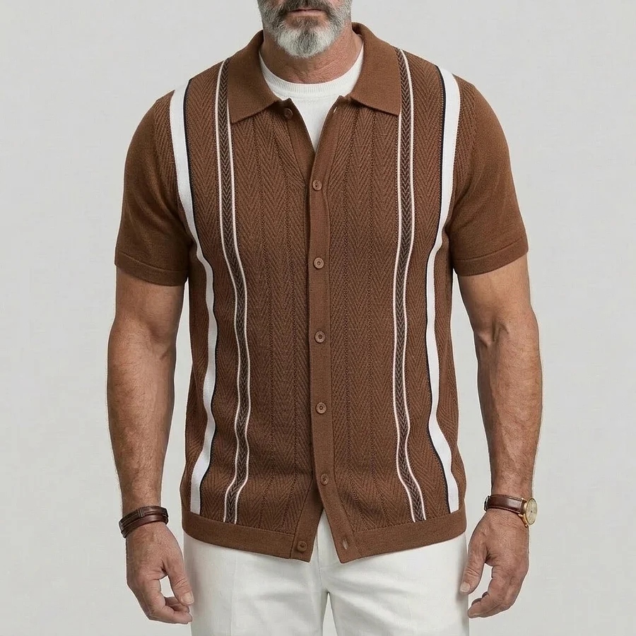 Men's Brown Herringbone Pattern Knit Single Breasted Short Sleeve Shirt