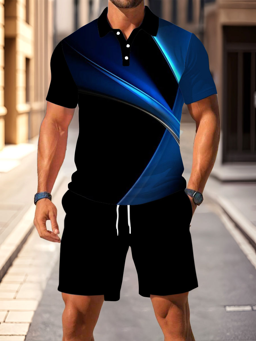 Men's Fashion Casual Polo Collar Geometric Printed Short-Sleeved Two-Piece Set