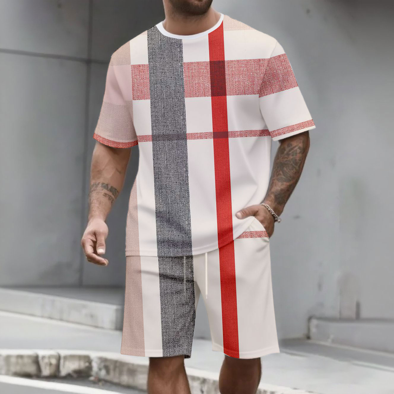 Men's Fashion Casual Color Matching Printed Short-Sleeved Two-Piece Set