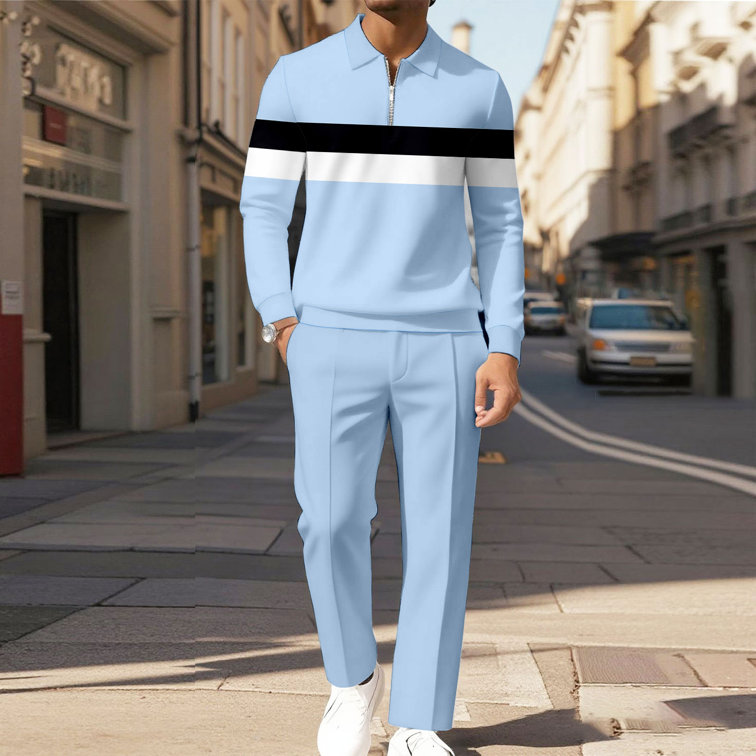 Men's Casual Color Matching Printed Polo-Collar Zipper Long Sleeved Trousers Two-Piece Set