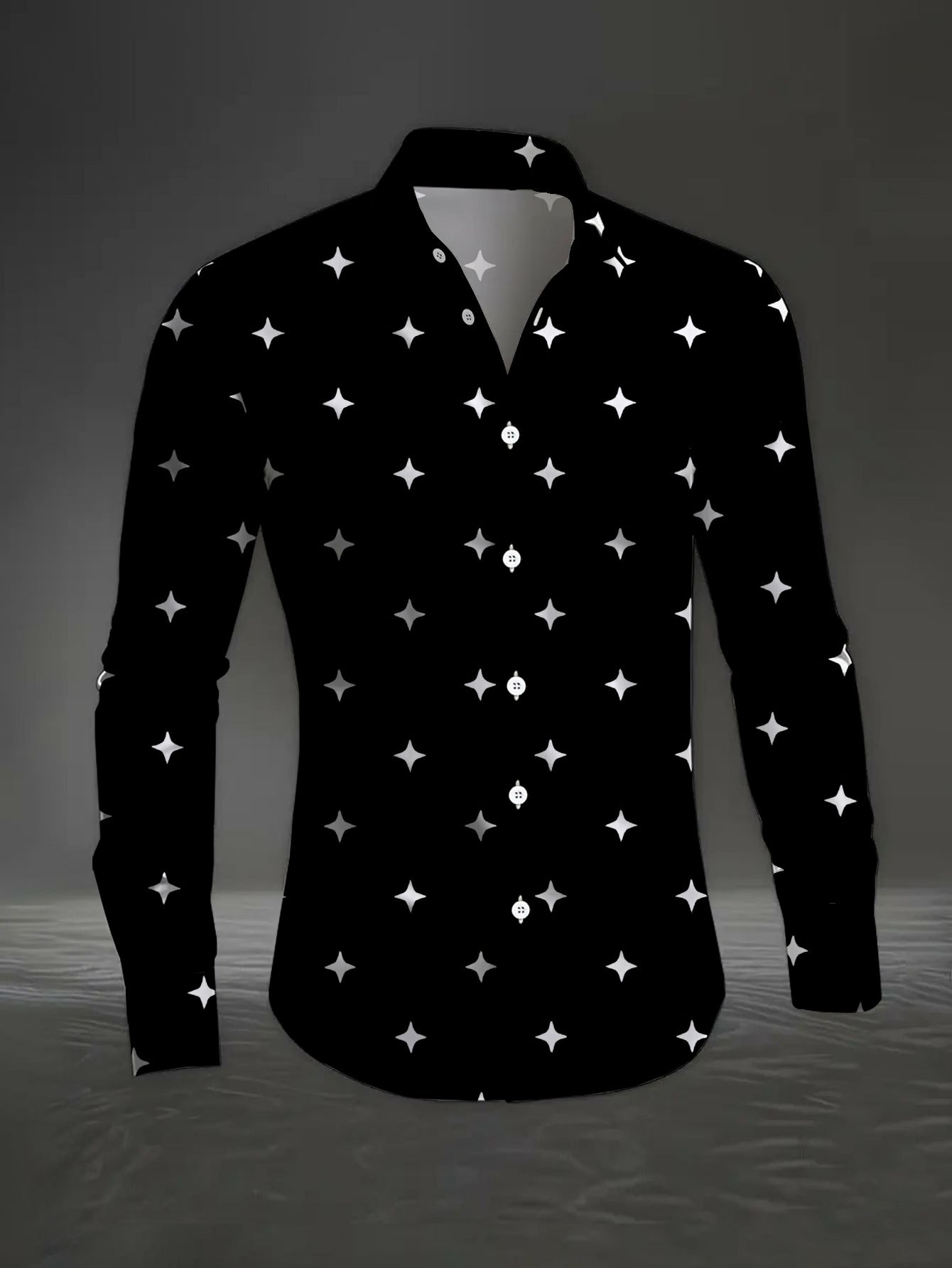 Men's Casual Black & White Color Matching Star Print Long-Sleeve Shirt