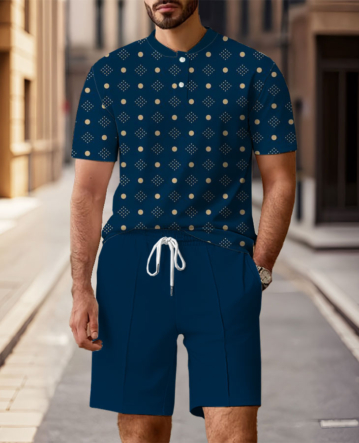 Men's Fashion Casual Round-Neck Geometric Printed Short-Sleeved Two-Piece Set
