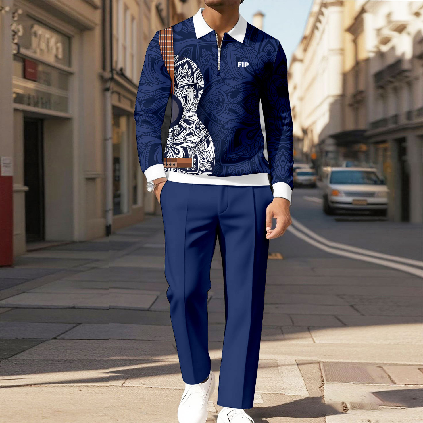 Men's Casual Color Matching Viking Printed Polo-Collar Zipper Long Sleeved Trousers Navy Blue Two-Piece Set