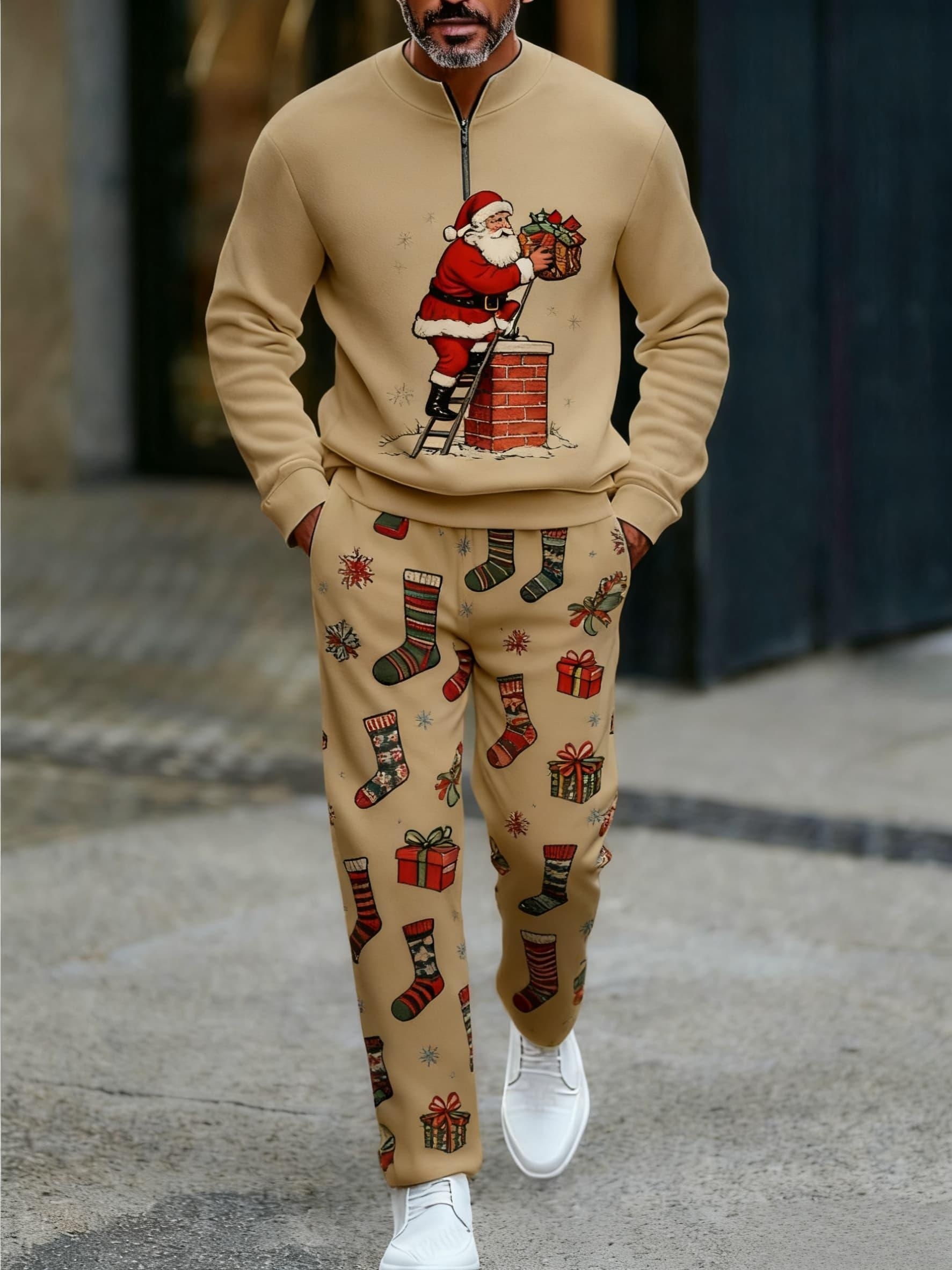 Men's Christmas Printed Round-Neck Zipper Long Sleeved Trousers Two-Piece Set