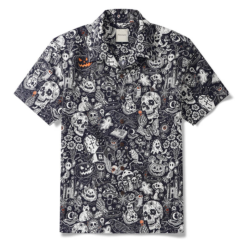 Men's Halloween Shirt Skull Hawaiian Shirt Short Sleeve Camp Collar 100% Cotton Black Halloween Bash