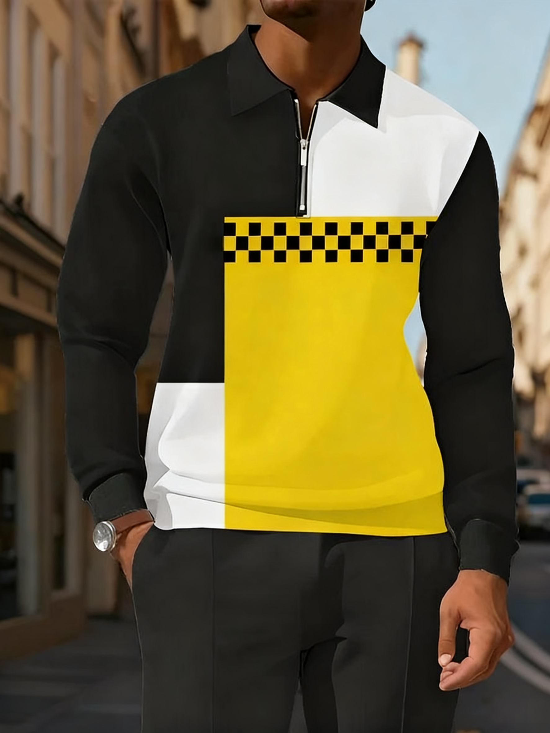 Men's Simple Yellow White Black Geometric Squares Printed POLO Long-sleeved Trousers Two-piece Set