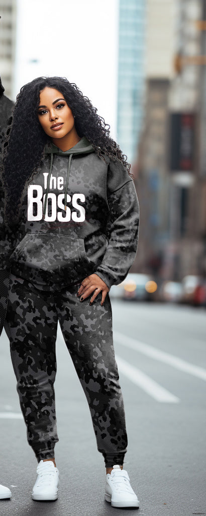 Couple Outfits Big & Tall Real Boss Funny Text Camouflage Hoodie Set