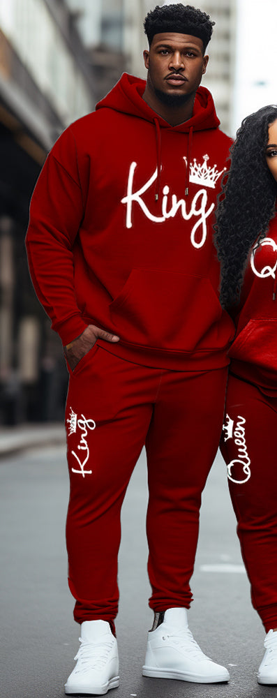 Couple Big Casual Outfit Red King and Queen Hoodie Set