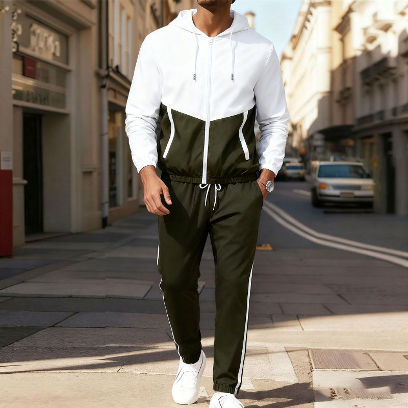 Men's Casual Contrast Color Hoodies Jacket Set