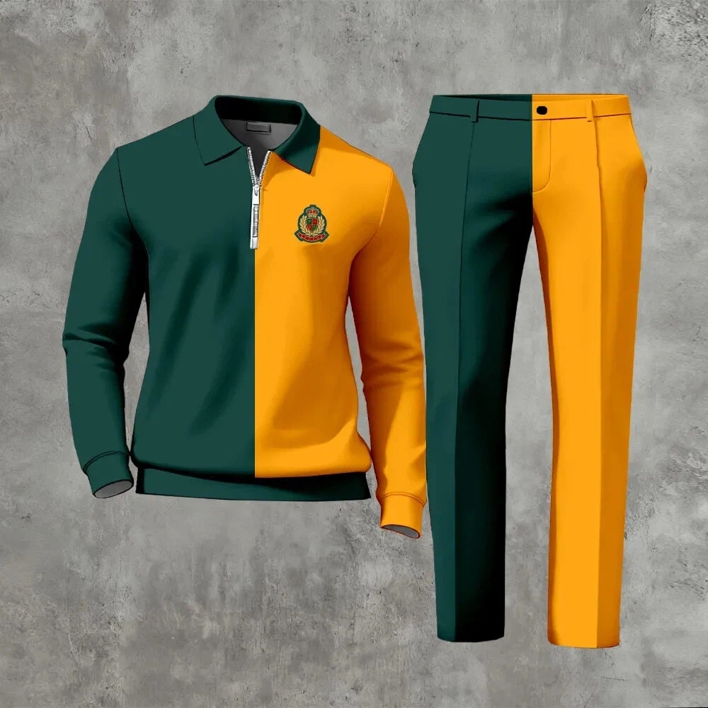 Men's Casual Color Matching Printed Polo-Collar Zipper Long Sleeved Trousers Two-Piece Set 1020