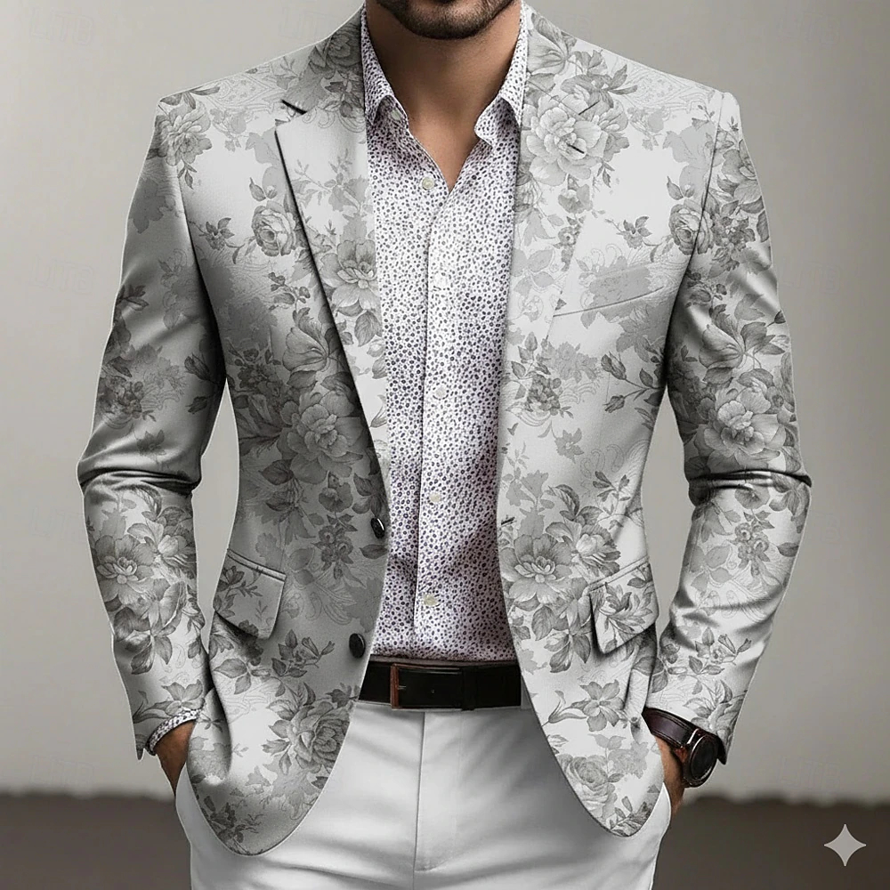 Men's Floral Print Blazer Jacket Coat Fashion Comfortable Breathable Artistic Casual Daily Formal Party Evening Wear 3D Print Buttons Multi Pocket Fall & Winter Spring Notch Long Sleeve Blue Purple