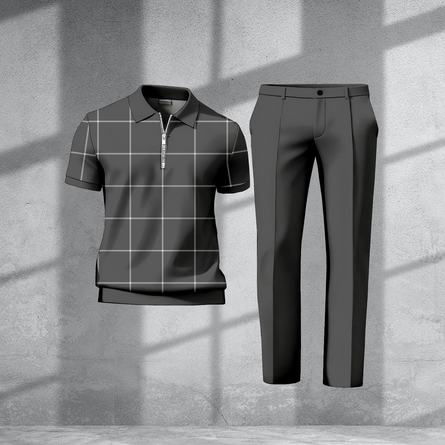 Men's Casual Dark Gray Color Matching Checkered Printed Zipper Short Sleeved Polo Shirt & Trousers Two-Piece Set
