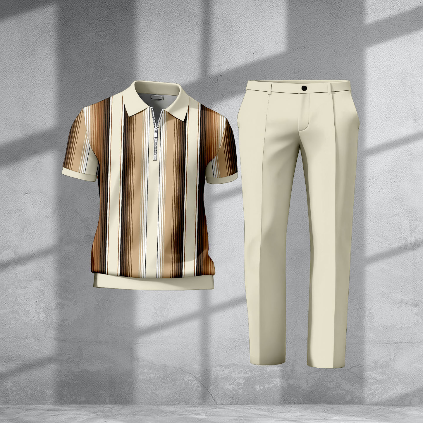 Men's Casual Beige & Coffee Color Matching Gradient Striped Printed Short Sleeved Zipper Polo Shirt & Trousers Two-Piece Set