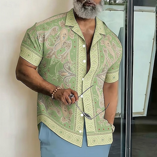 Men's Paisley Floral Print Ethnic Shirt Button Up Shirt Camp Collar Shirt Short Sleeve Vintage Retro Streetwear Vacation Summer Spring Cuban Collar 3D Print Blue Pink Green Khaki