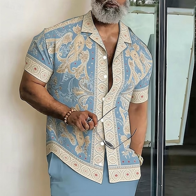 Men's Paisley Floral Print Ethnic Shirt Button Up Shirt Camp Collar Shirt Short Sleeve Vintage Retro Streetwear Vacation Summer Spring Cuban Collar 3D Print Blue Pink Green Khaki