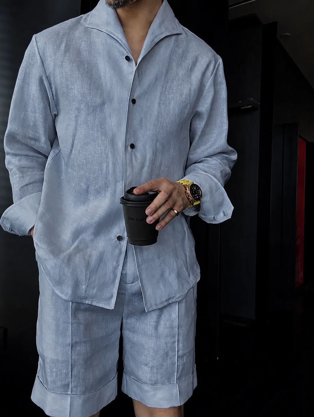 Men's Summer Linen Mandarin Collar Blazer & Shorts Set