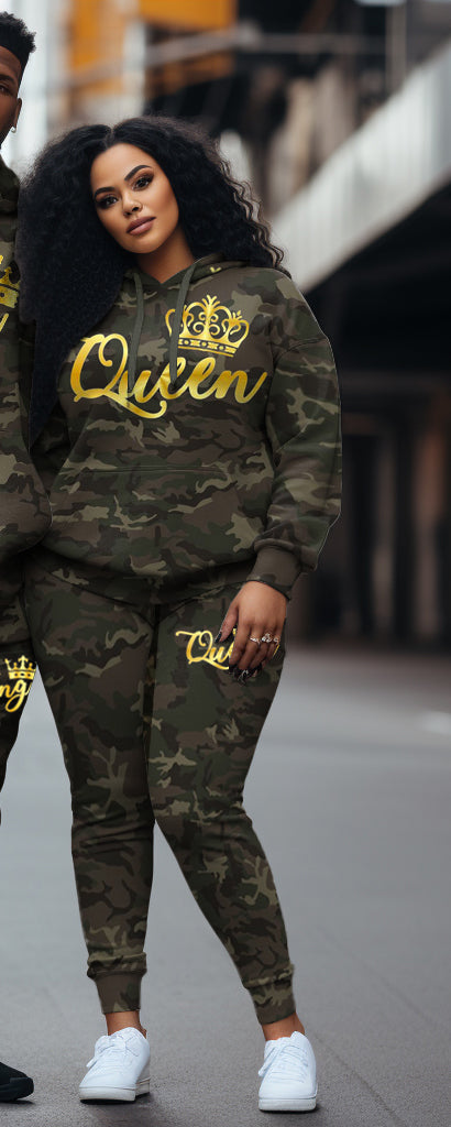 Couple's Big & Tall Casual Retro Queen/King Camouflage Hoodie Set