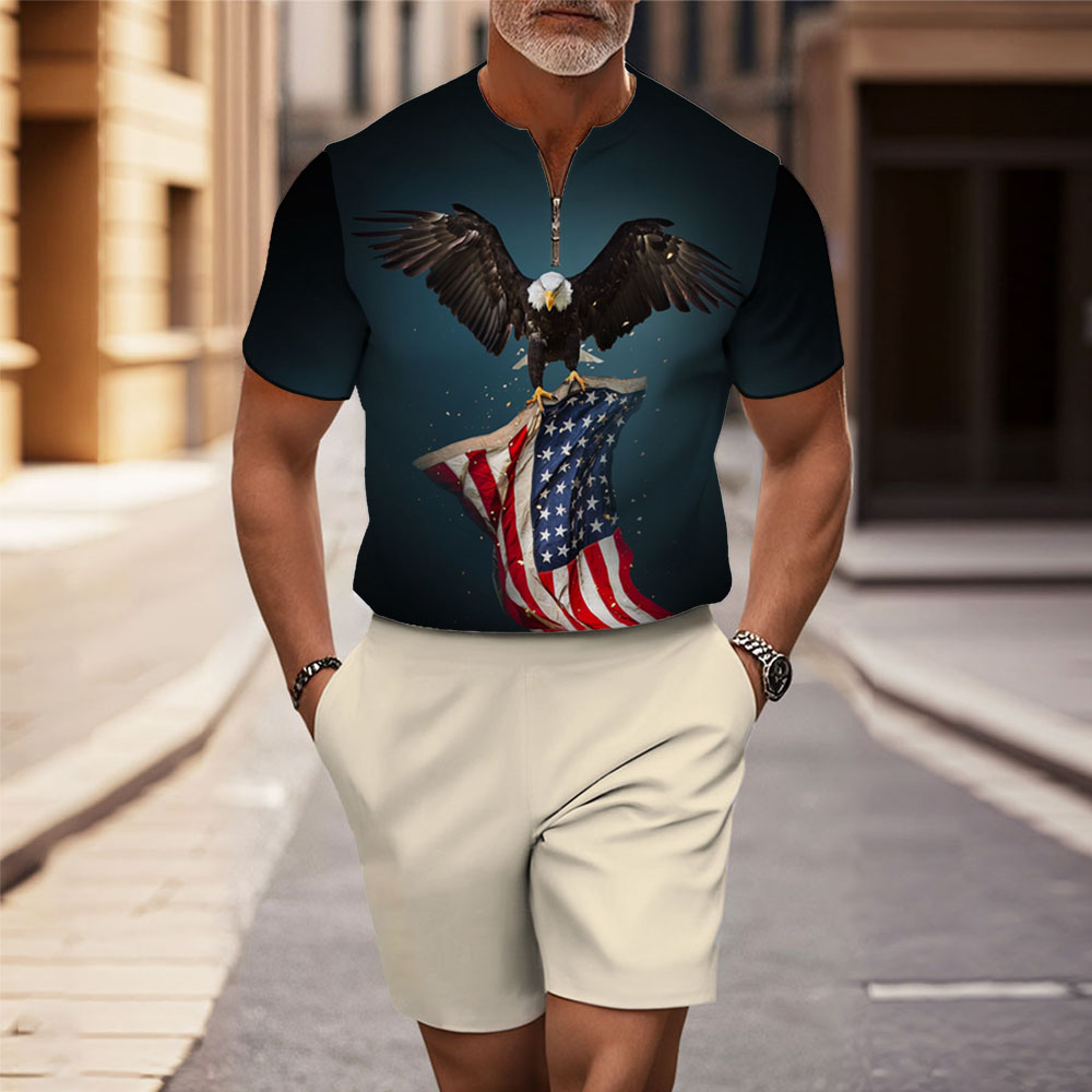 Men's Fashion Casual Round-Neck Geometric Printed Short-Sleeved Two-Piece Set