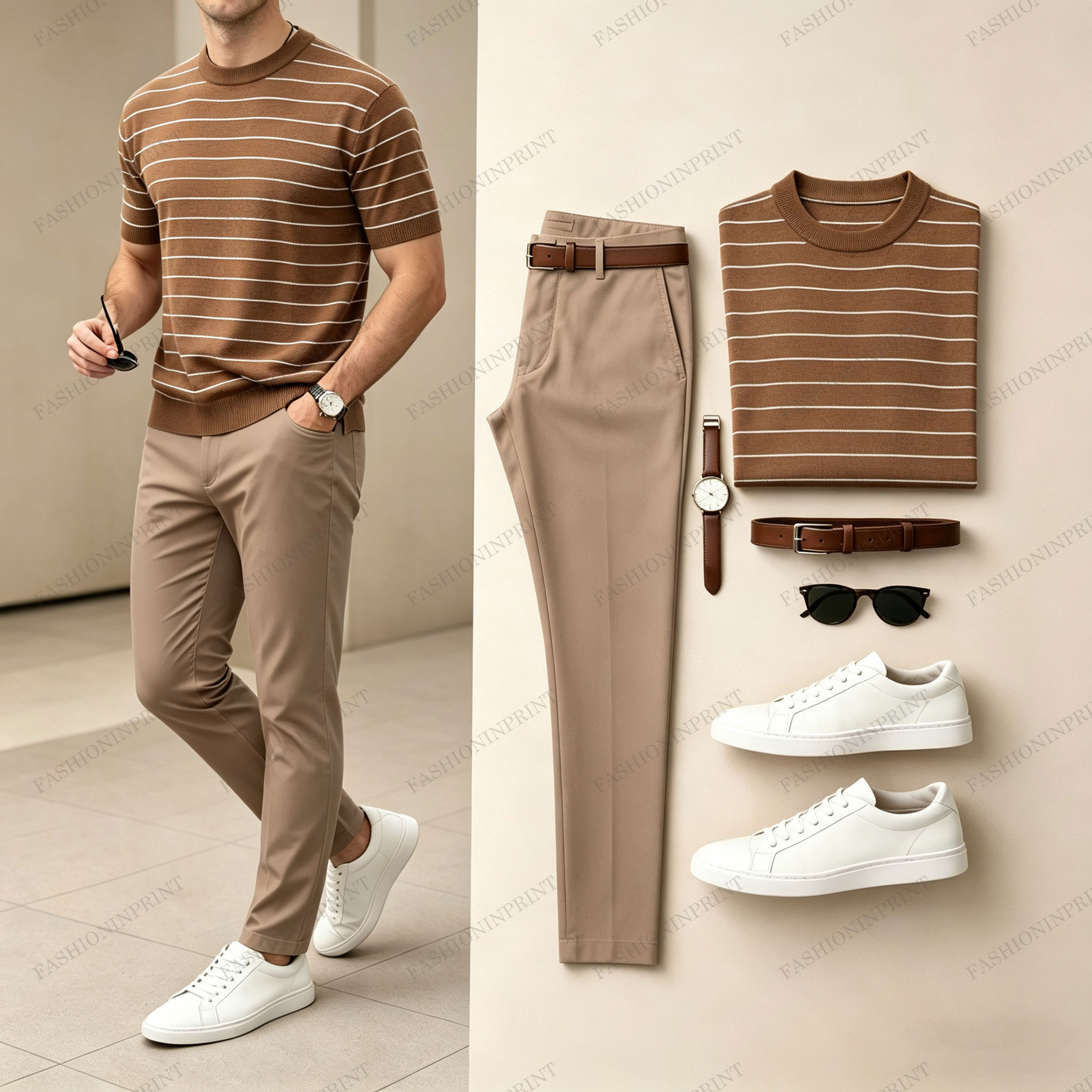 Men's Color-Blocked Striped Knit Crew-Neck Short-Sleeve T-Shirt and Pants Two-Piece Set (Accessories Not Included)