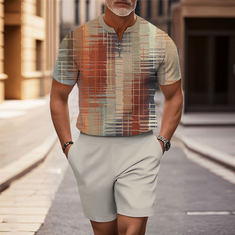 Men's Fashion Casual Round-Neck Geometric Printed Short-Sleeved Two-Piece Set