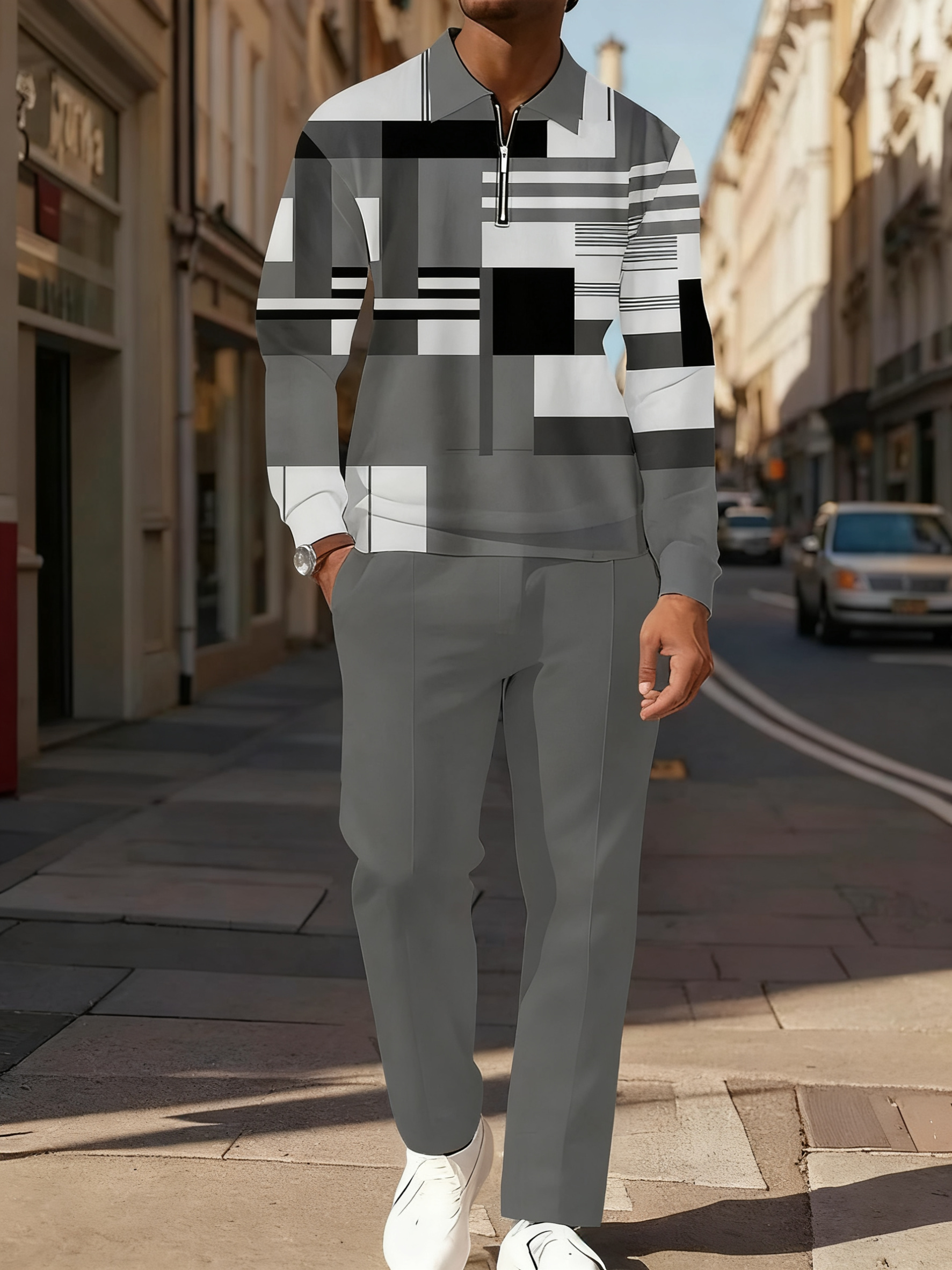 Men's Simple Gray Color Block Geometric Print POLO Long Sleeve Trousers Two-piece Set